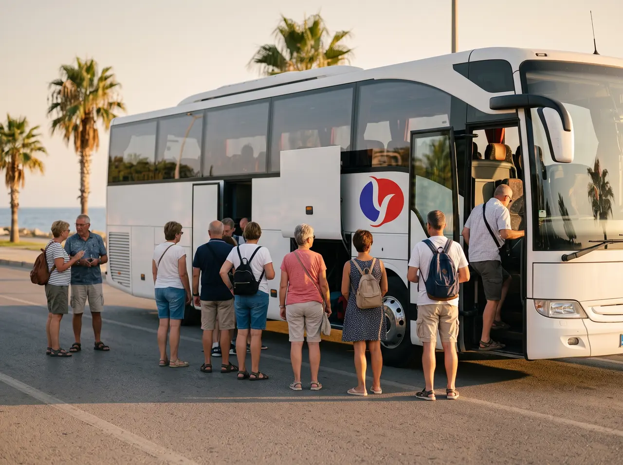 Antalya sahil yolunda duran Yugam Grup logolu turizm otobüsüne binen gezi grubu