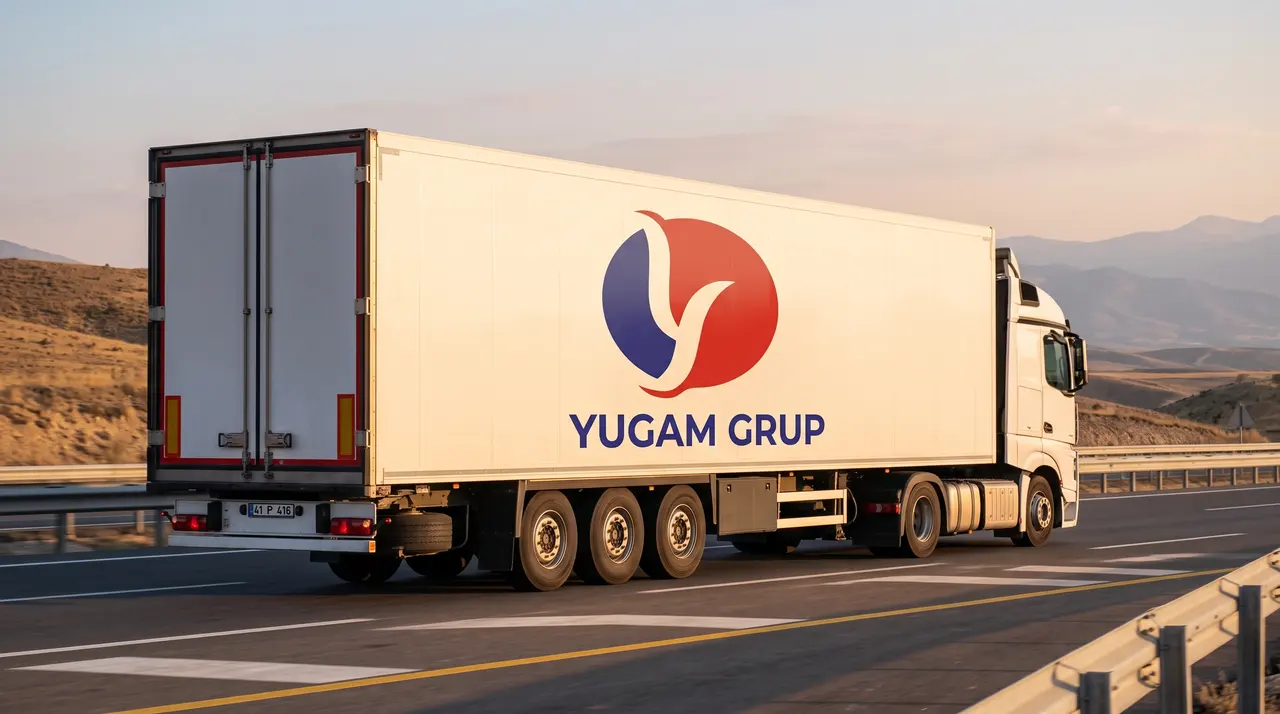 Otoyolda ilerleyen Yugam Grup logolu beyaz dorseli tır, arkada gün batımında dağlar